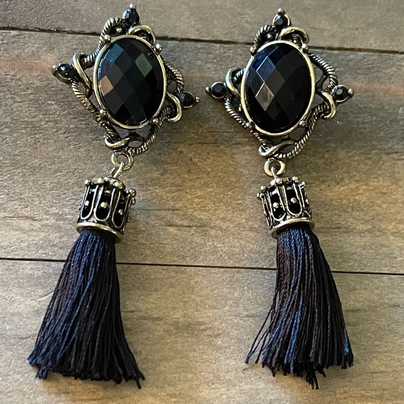 Tassel Long Fringe Drop, Black, Antique Gold Bohemian, Victorian Earrings - Picture 6 of 10